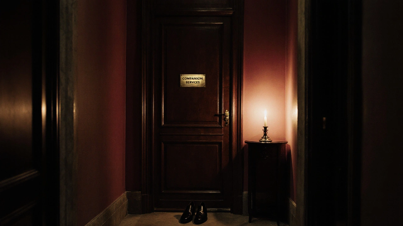 A discreet Parisian door marked &#039;Companion Services&#039; with candlelight glowing under it, shoes neatly placed outside.
