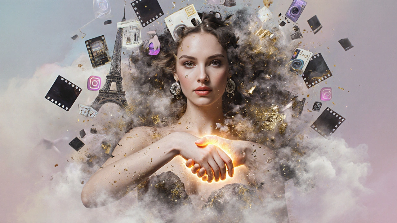 A fragmented portrait of a pornstar escort made of film reels and Paris landmarks, dissolving into smoke and gold dust with a glowing handshake.