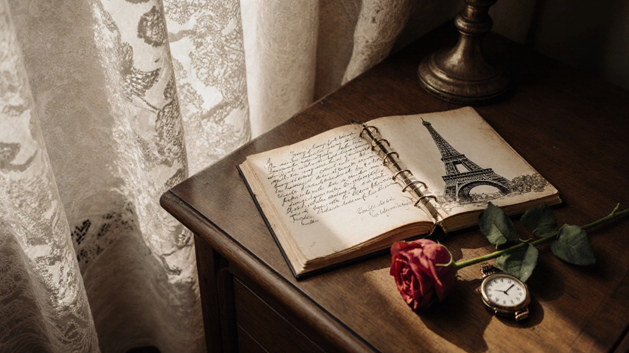 A handwritten letter and rose on a nightstand, suggesting a meaningful, quiet connection in Paris.