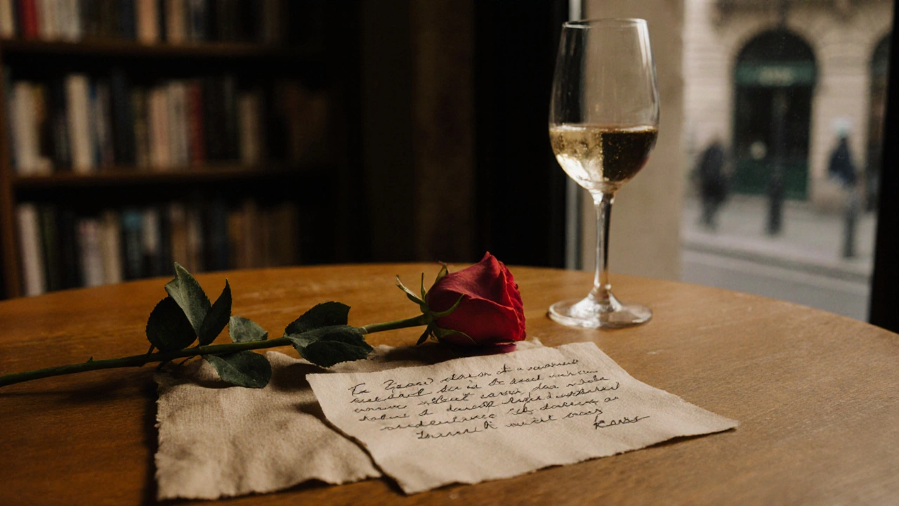 A handwritten note and rose left on a table, symbolizing a meaningful, non-transactional human connection.