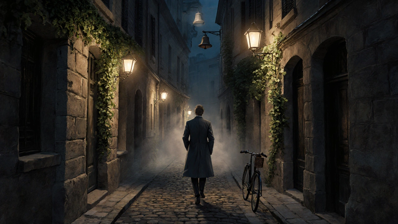 A lone figure walks a lantern-lit alley in Paris&#039;s 13th arrondissement, ivy-covered walls and misty atmosphere.