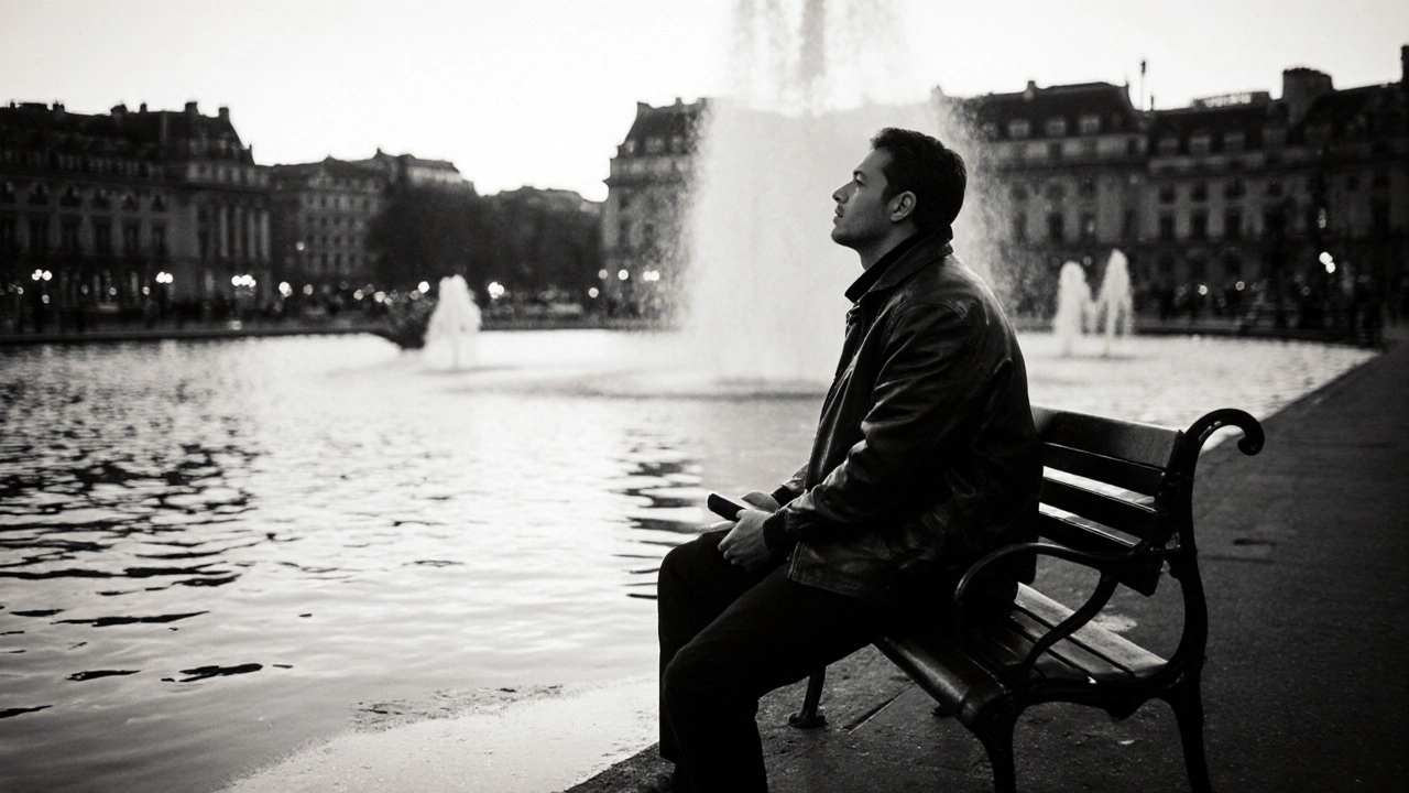 A man sits alone on a bench by the Palais Royal fountain at dusk, phone tucked away, lost in quiet reflection.