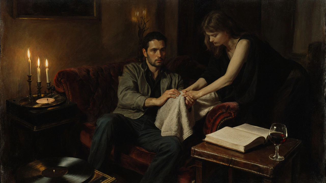 A man sits peacefully on a velvet chaise while a woman gently offers warmth with a towel, surrounded by candles, wine, and jazz in a Paris studio.