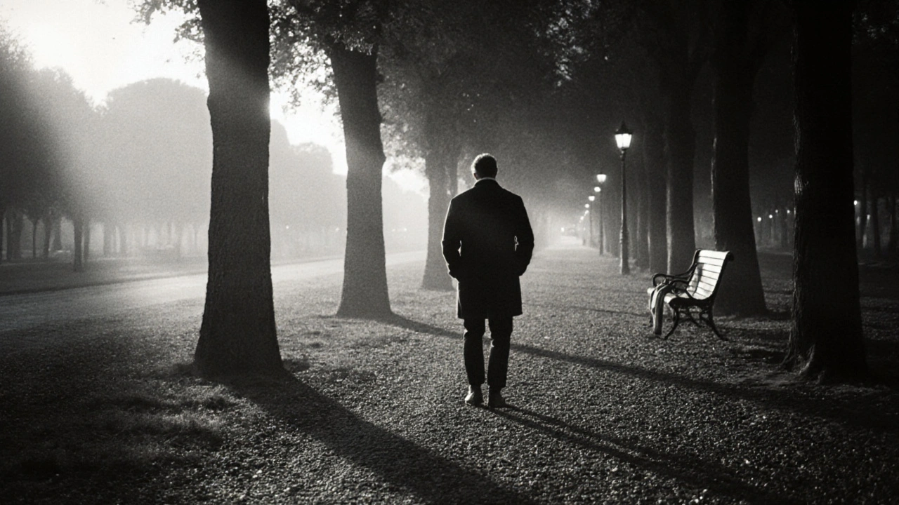 A man walking alone through the misty Bois de Boulogne at dawn, surrounded by quiet trees and soft lamplight.