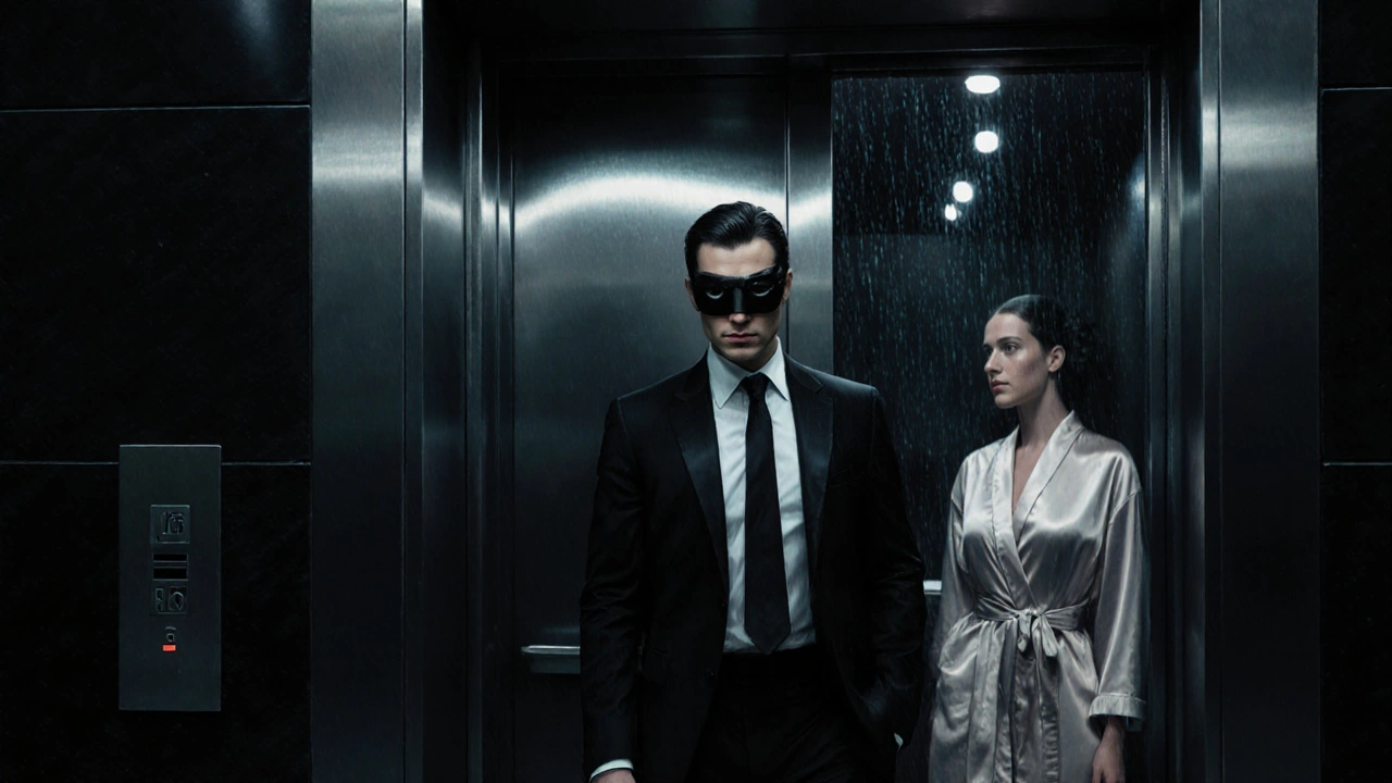 A masked man enters a luxury elevator in Paris, reflected beside a blurred escort in a silk robe, shadows and rain creating a noir mood.