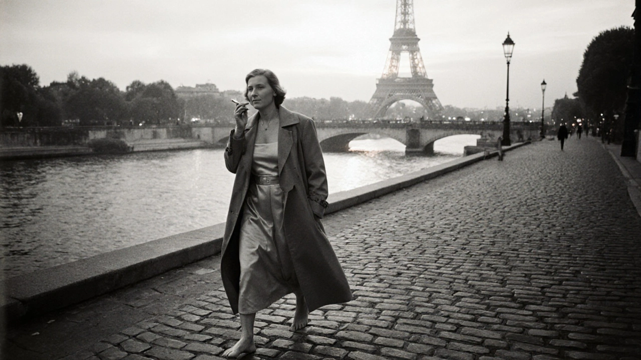 A mature woman walks barefoot along the Seine at dawn, wearing a silk slip and trench coat under the misty Eiffel Tower.