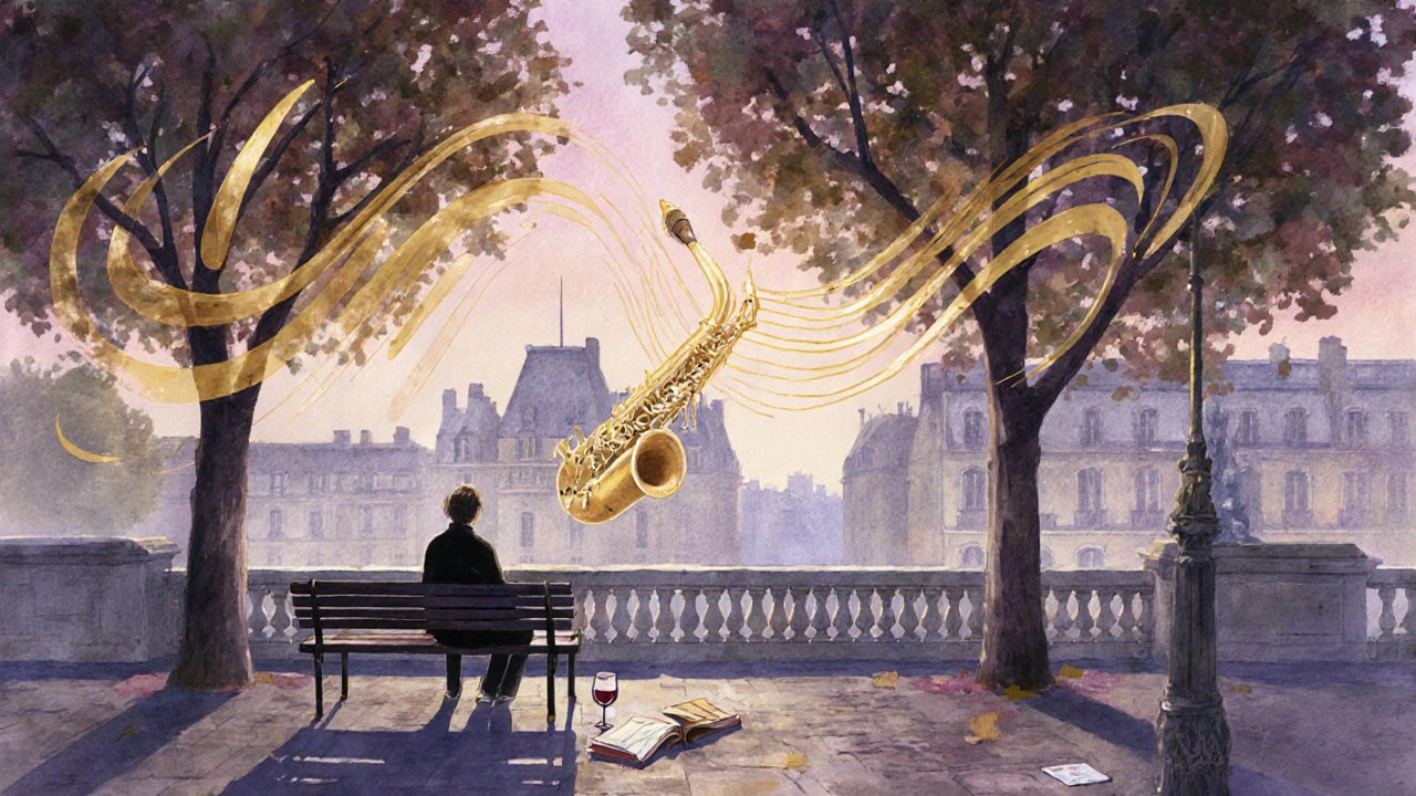 A person sits alone on a bench under chestnut trees at twilight, golden sound waves floating in the air.