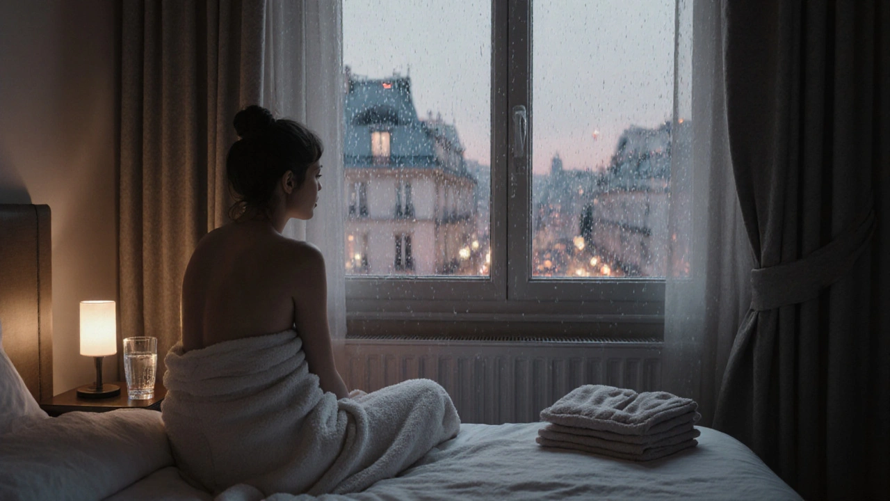 A person wrapped in a towel sitting by a rain-streaked window, gazing at Parisian city lights after a massage.