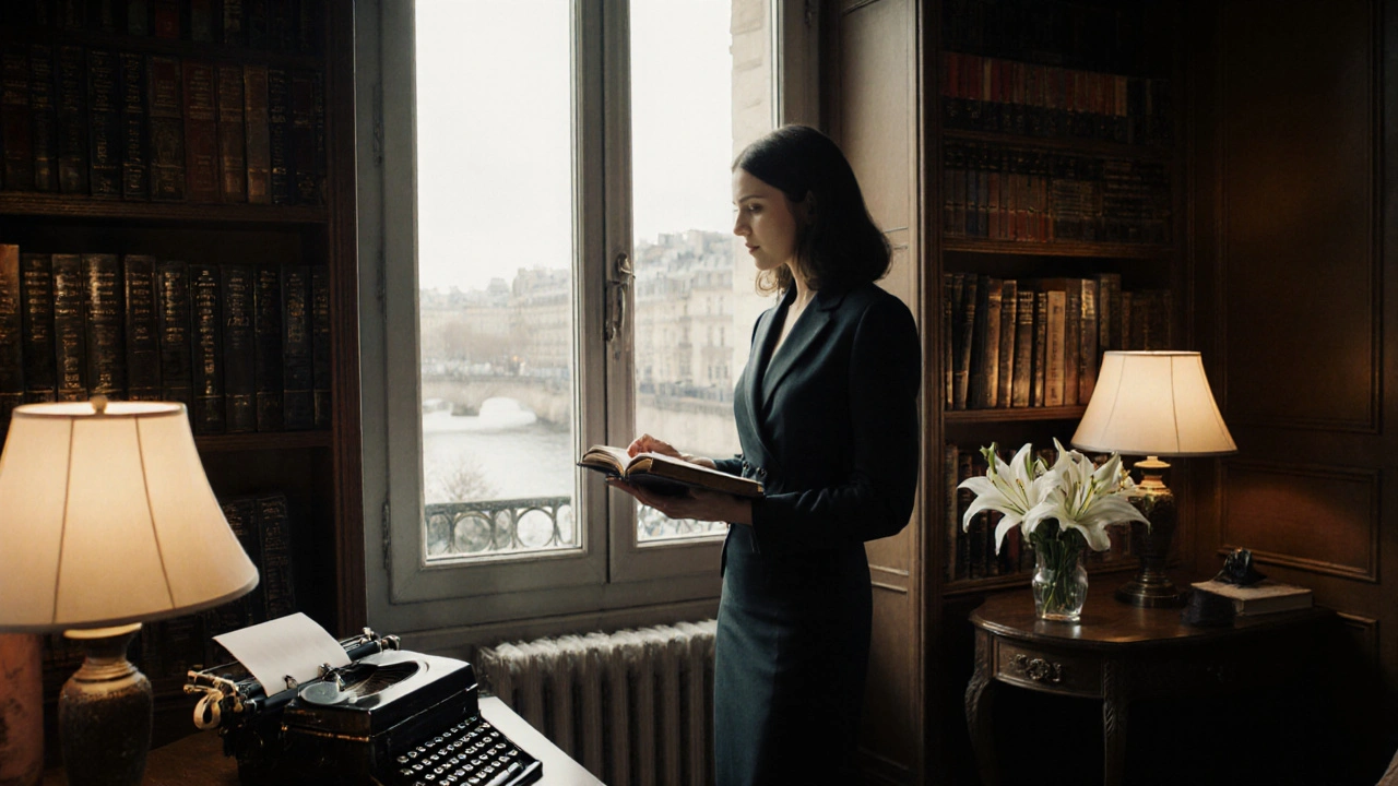 A professional woman in a tasteful apartment surrounded by books and art, gazing at the Seine.