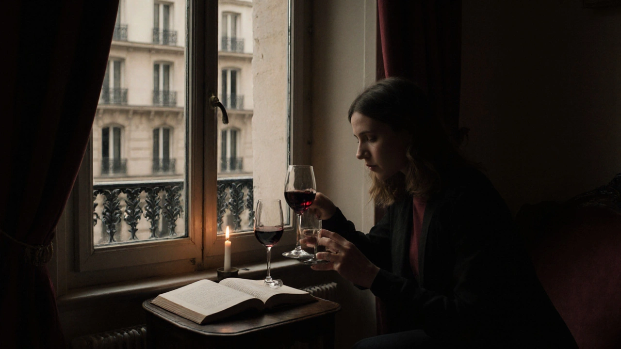 A quiet apartment interior with wine pouring and a book open beside a candlelit window.