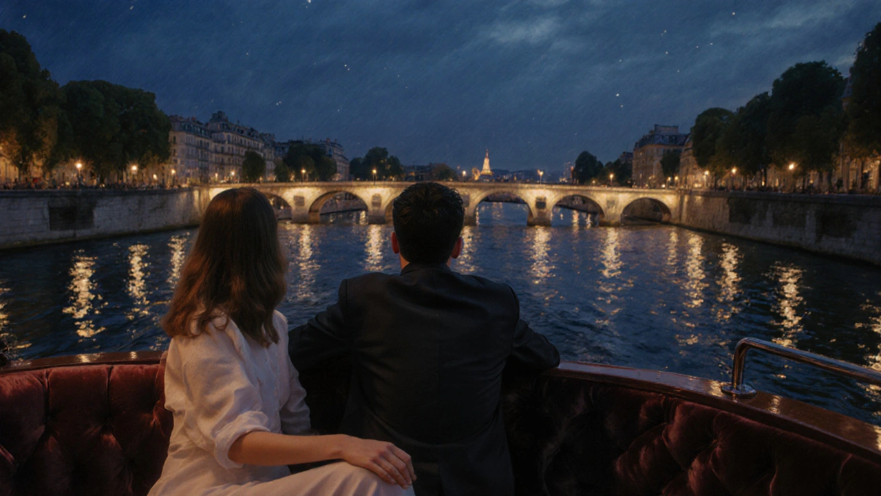 A quiet moment on a private boat at dusk, watching Paris lights reflect on the Seine.