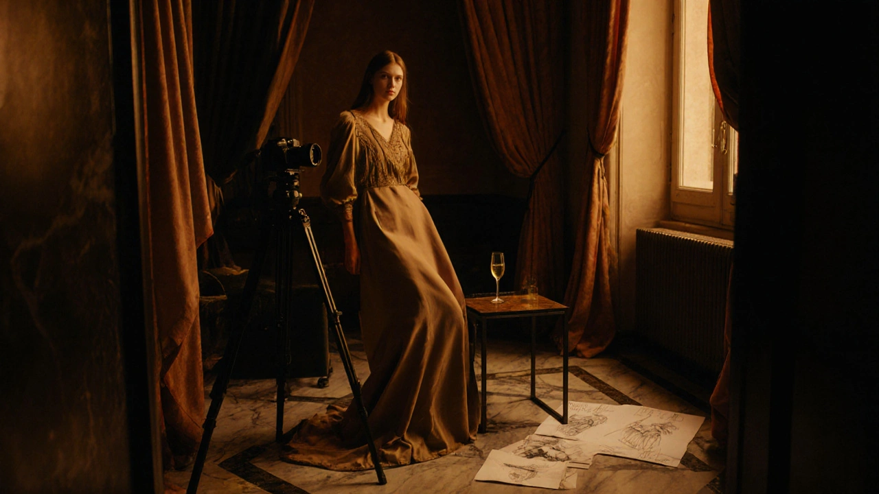 A sensual photoshoot in a velvet-draped studio with soft lighting and vintage equipment.