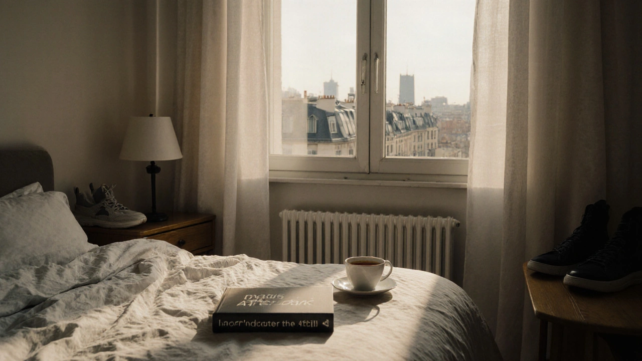 A serene apartment interior at dawn with an open book, coffee, and city views through sheer curtains.