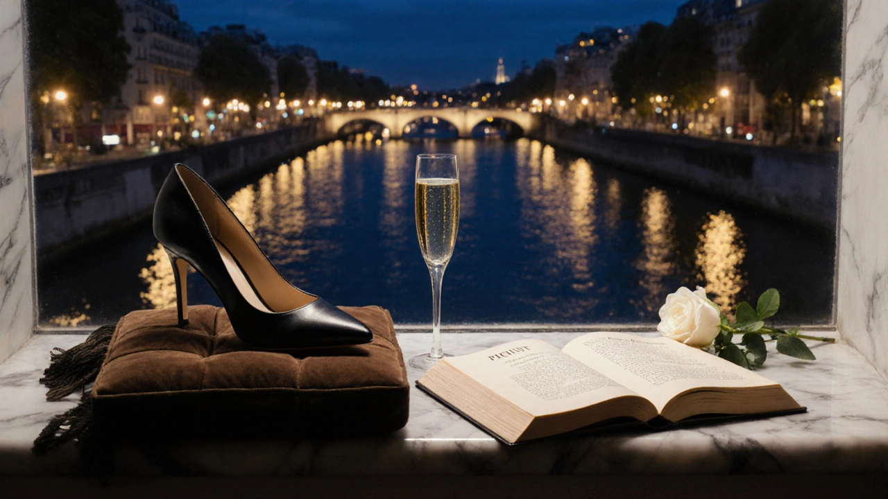 A single high heel and open book rest beside champagne and a rose on a windowsill overlooking the Seine at night.