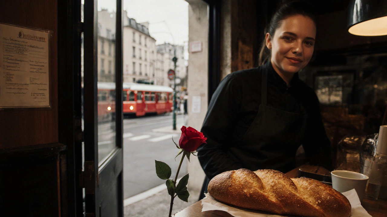 A single red rose left on a bakery counter at dawn, next to a fresh baguette.