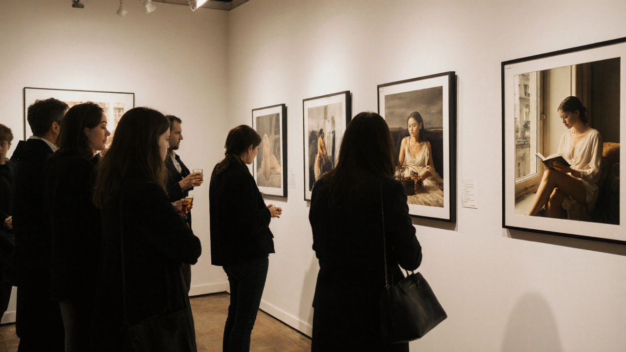 A small group admires nude photographic art in a quiet Paris gallery, framed images showing intimate, non-sexualized moments.