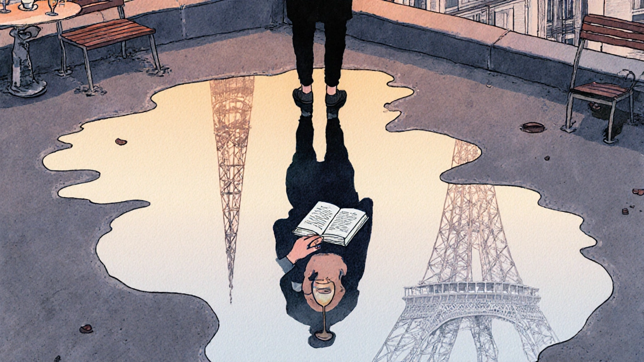 A solitary figure on a hidden Paris rooftop, their reflection showing cherished memories of companionship.