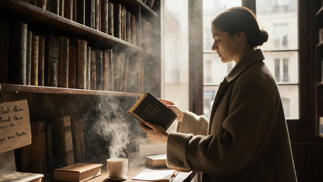 A woman handing a vintage book to a client in a cozy Parisian bookshop, sunlight streaming through tall windows.
