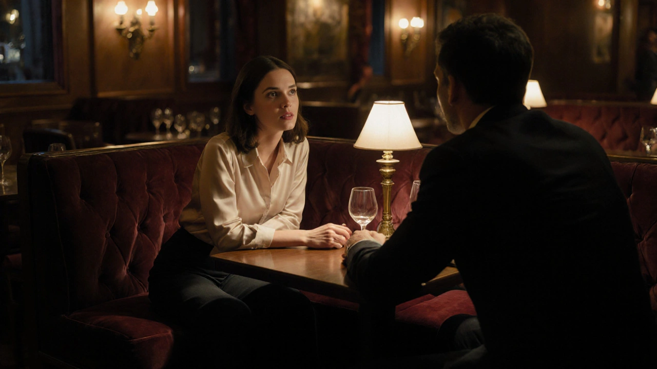 A woman listens attentively to a man in a dimly lit jazz bar, surrounded by velvet booths and warm ambient lighting.