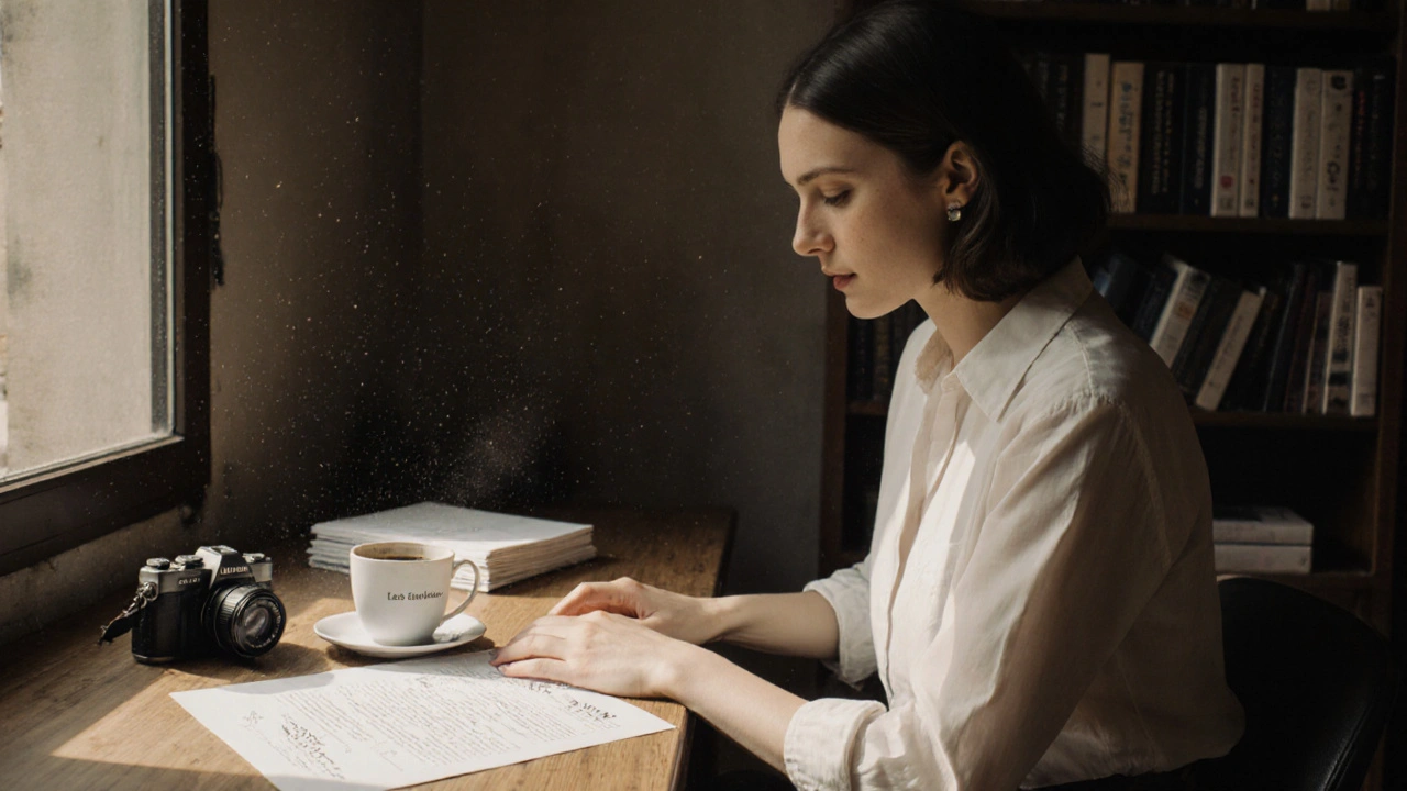 A woman prints a photo book in her apartment, surrounded by coffee, a camera, and legal documents, in a modest Paris neighborhood.