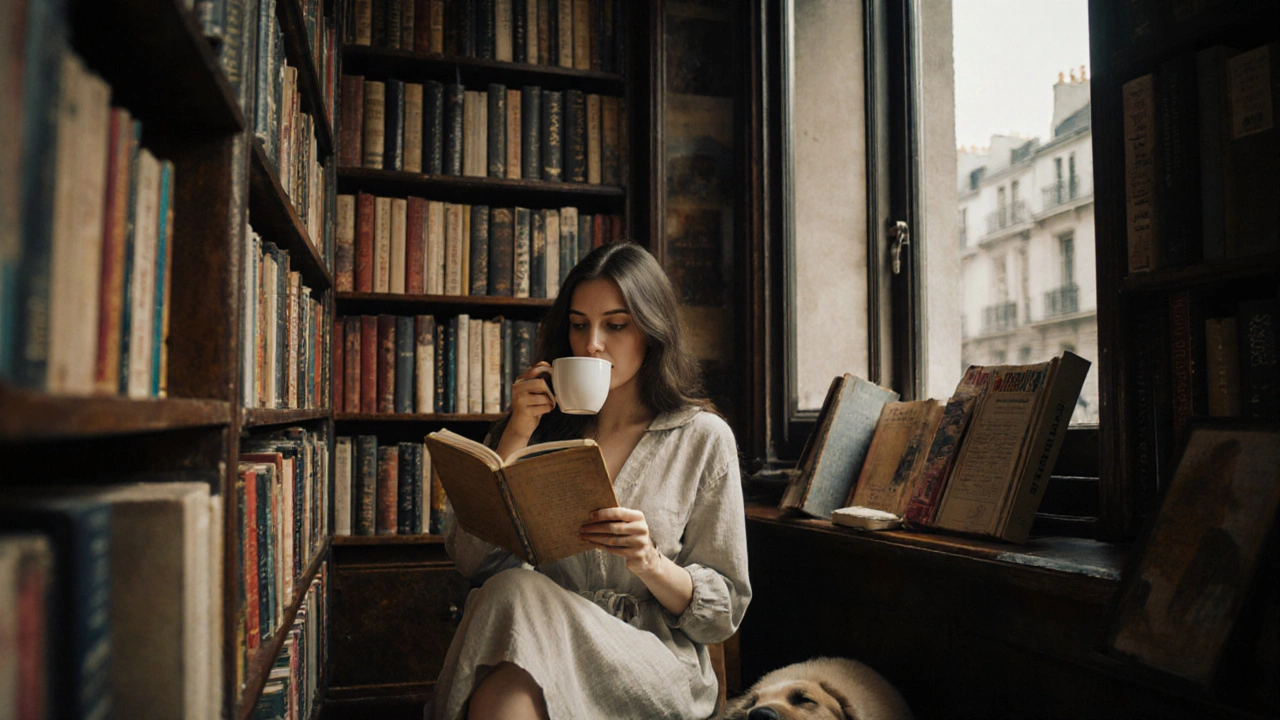 A woman reading peacefully at Shakespeare and Company bookstore, with books and natural light all around.