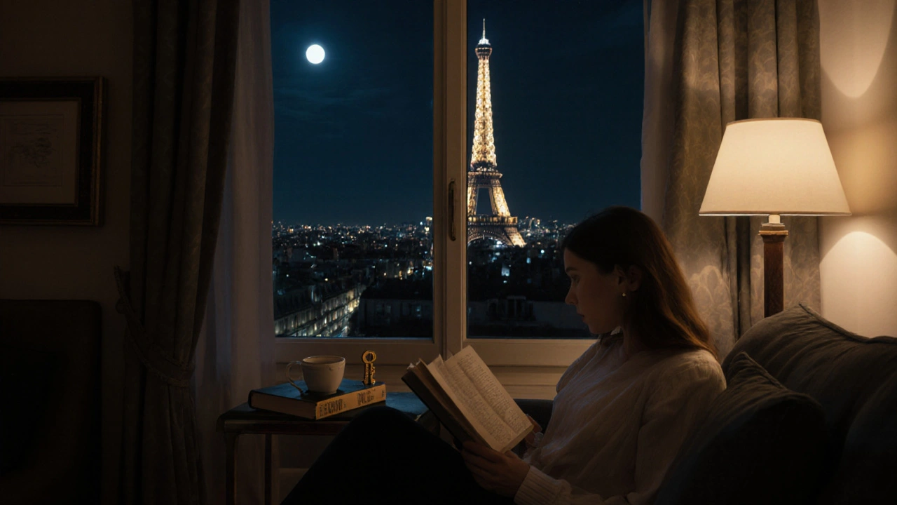 A woman reads quietly in a Paris apartment, a wooden key resting on a shelf beside a book.