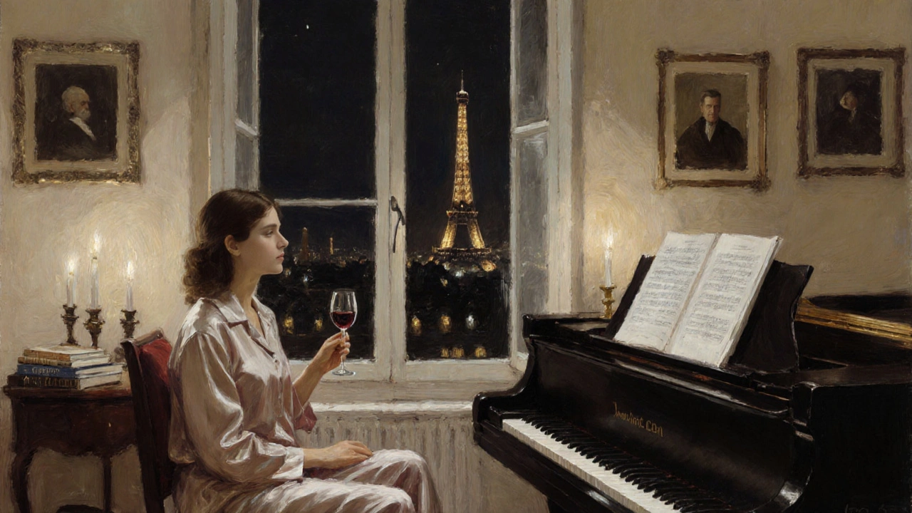 A woman sits by a window in a quiet Paris apartment, candlelight glowing as the Eiffel Tower shines outside.