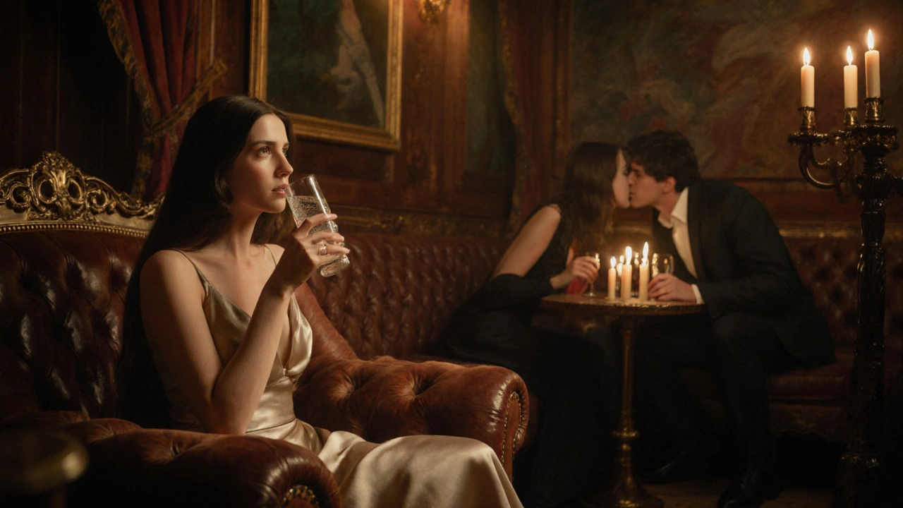 A woman sitting alone on a velvet couch in a dimly lit lounge, observing intimacy from a distance.