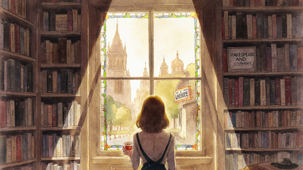 A woman stands in Shakespeare and Company bookstore, bathed in golden light, surrounded by books and quiet solitude.