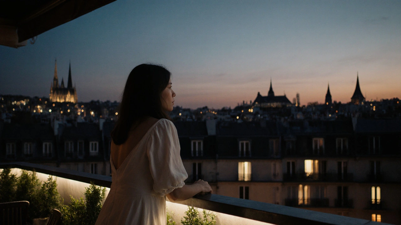 A woman stands on a Paris rooftop at twilight, overlooking the city lights with a jazz melody in the air.