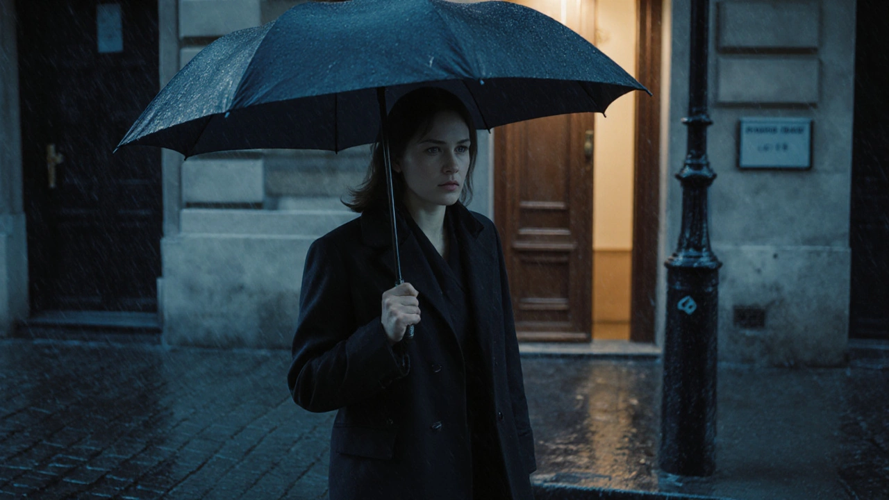 A woman walking alone at dusk in Paris, approaching a discreet door glowing with warm light.