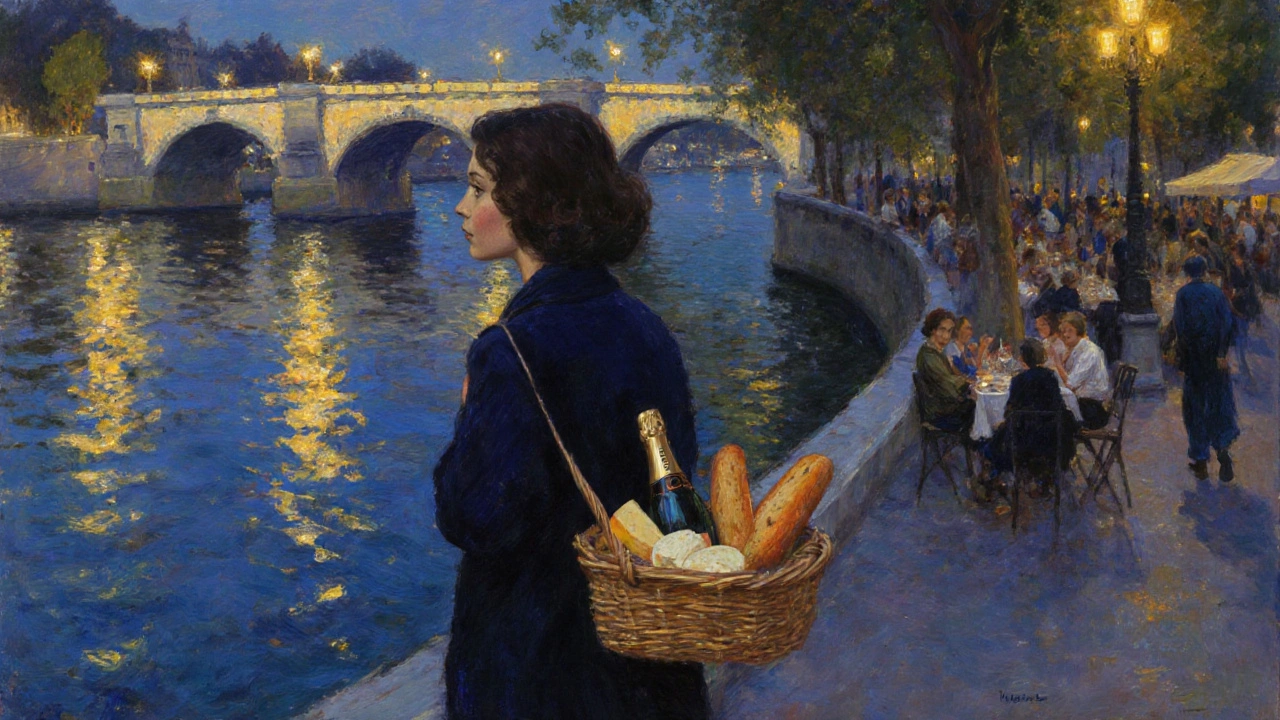 A woman walking by the Seine at twilight with a picnic basket, golden lamplight reflecting on the water.