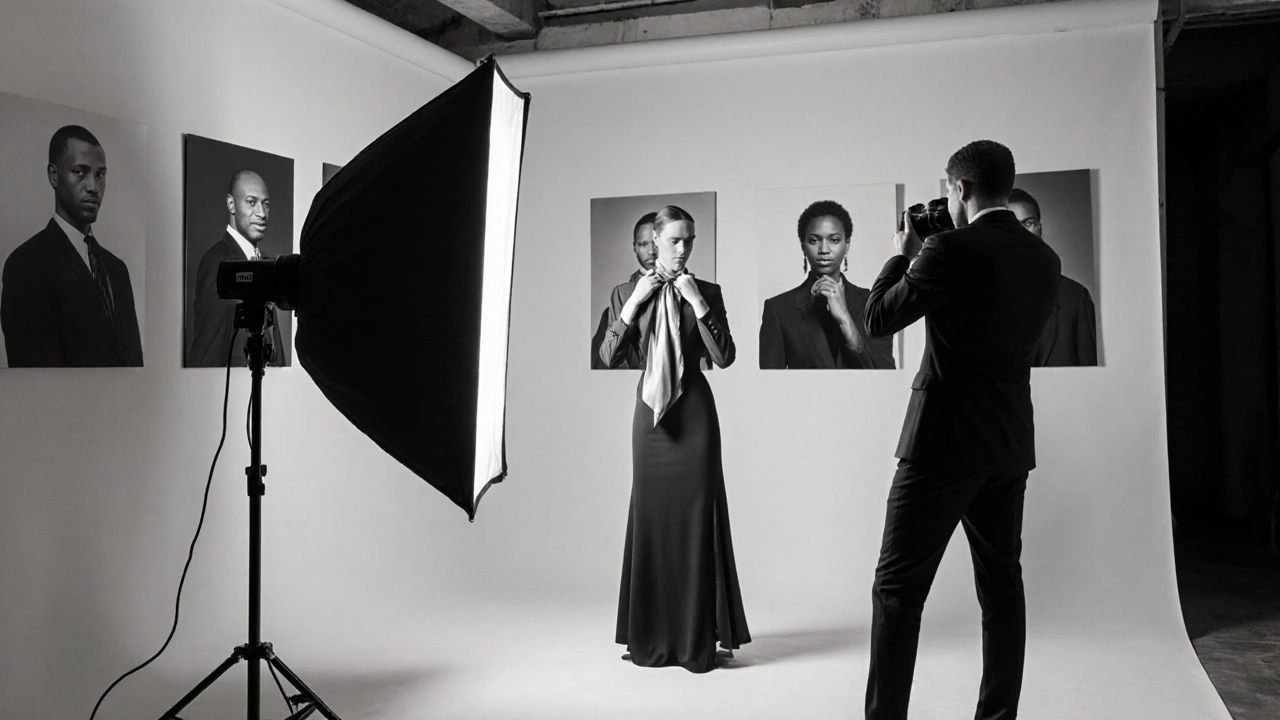 An art studio with black-and-white photographs on the wall, a model adjusting a silk scarf under professional lighting.