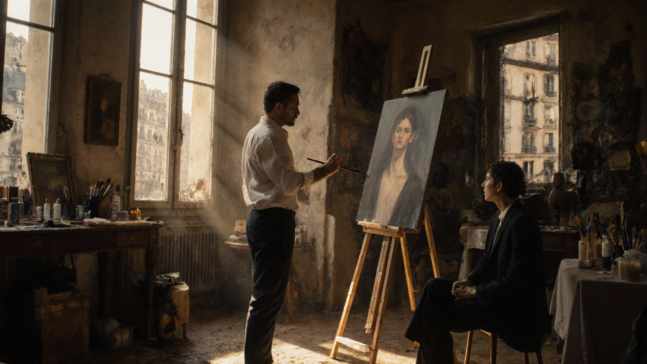 An artist painting a portrait of a client in a sunlit studio, both engaged in silent, respectful presence.