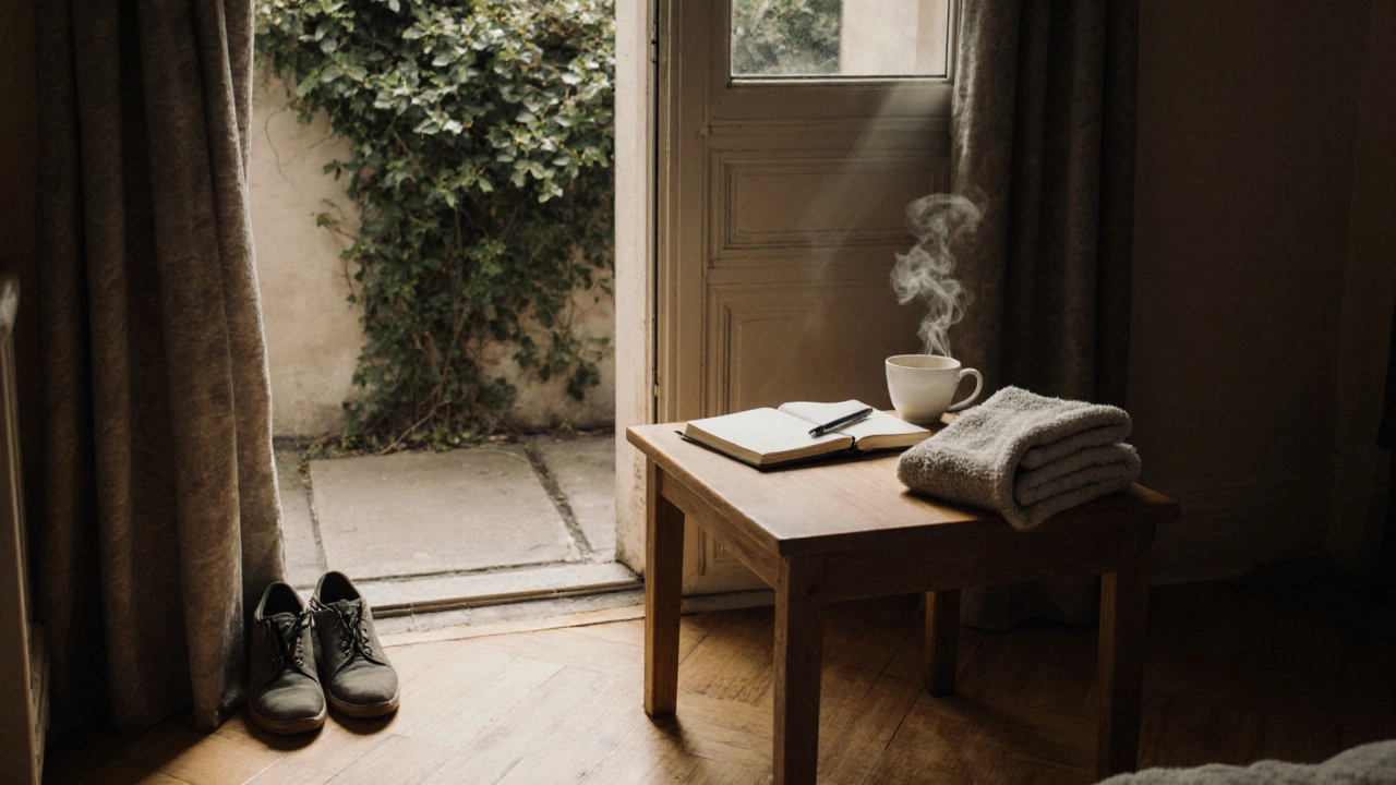 An empty recovery space with tea and a journal, capturing stillness after a transformative moment.