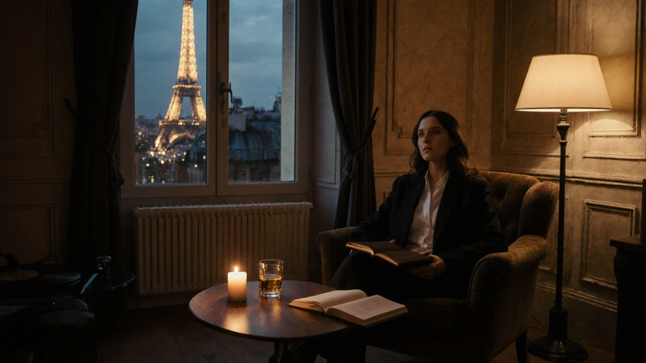An intimate apartment scene with a woman and man sharing whiskey beside a window overlooking the Eiffel Tower.
