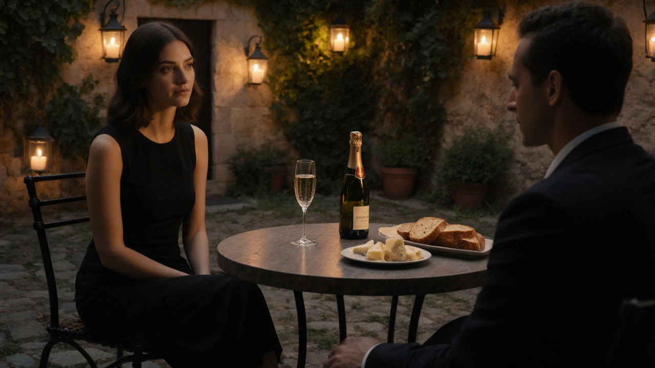 An intimate candlelit dinner in a hidden courtyard with Champagne and artisanal food.