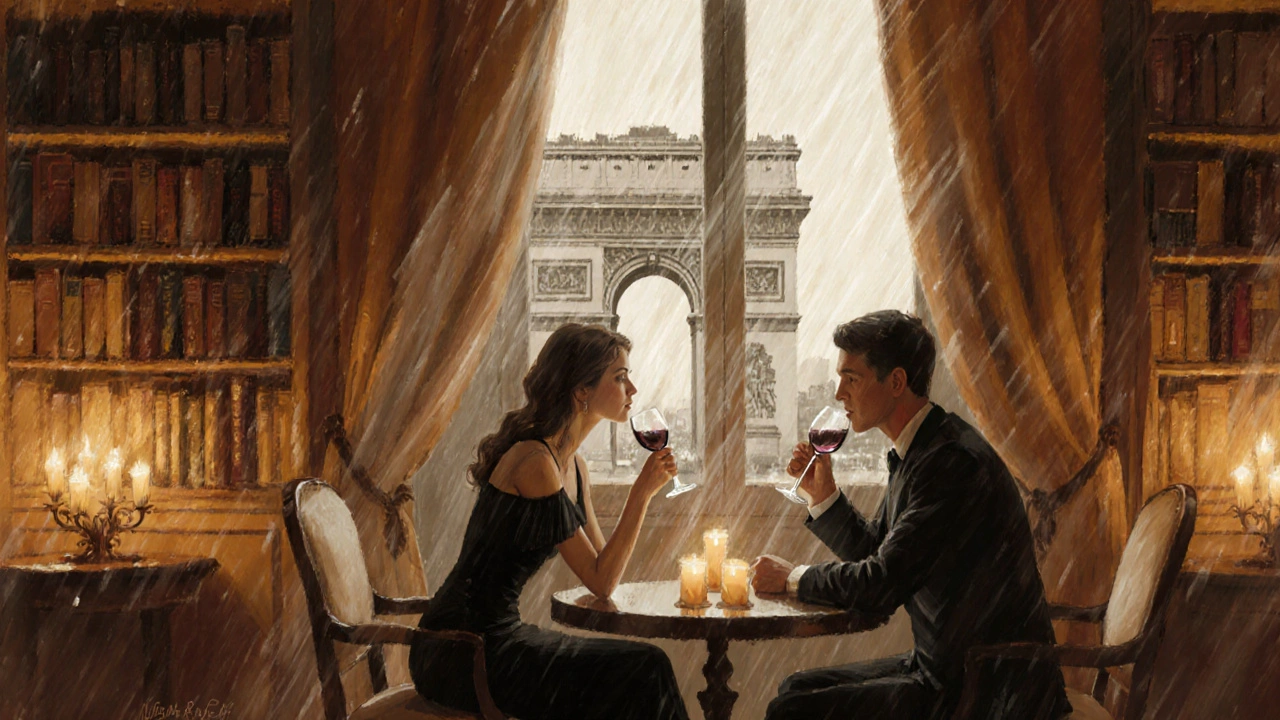 An intimate evening in a book-lined Parisian salon, lit only by candlelight and distant tower glow.