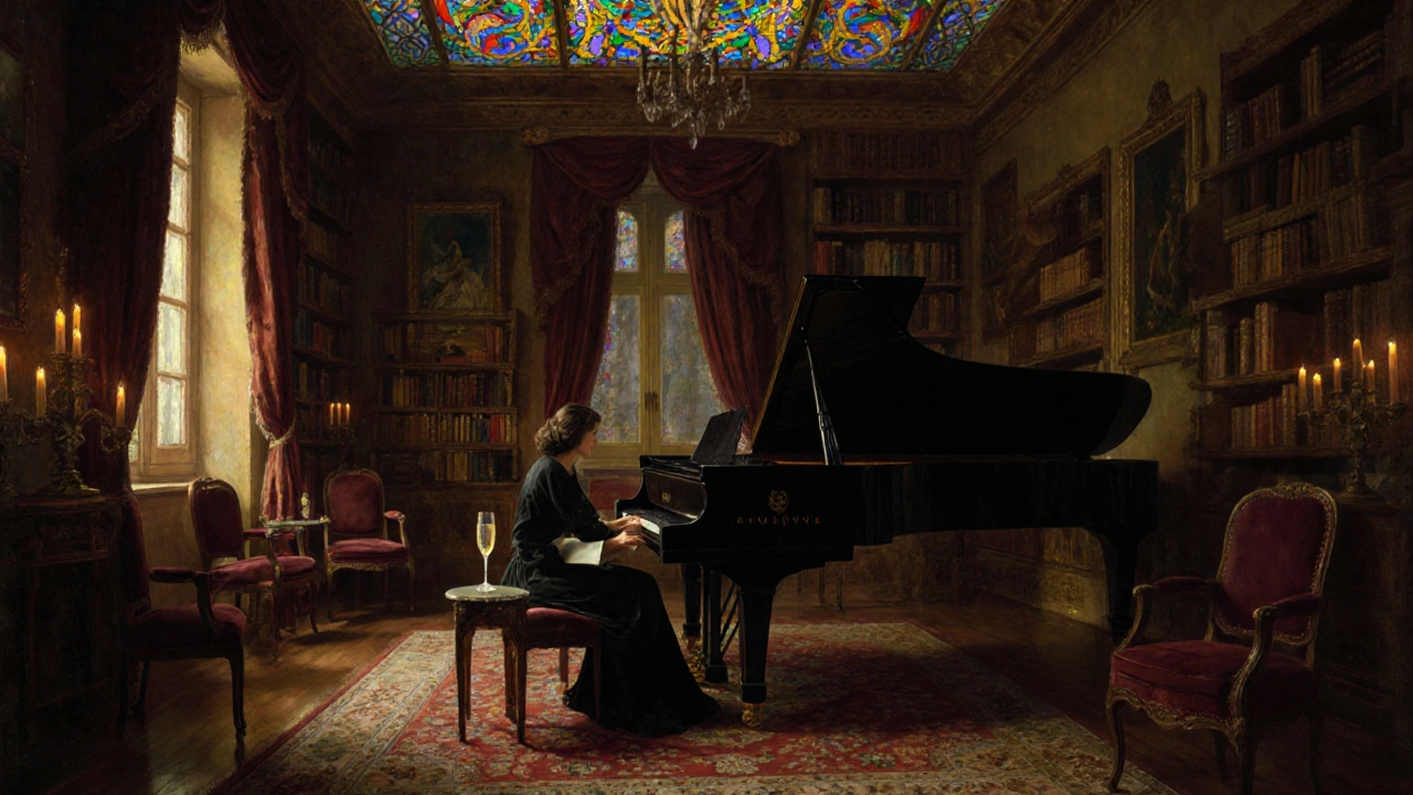 An intimate salon behind Galerie Vivienne with candlelight, Persian rugs, and a woman beside a piano, surrounded by books and art.