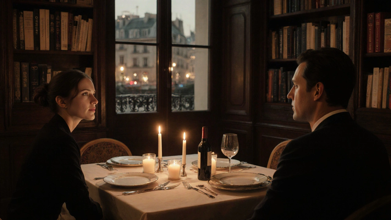 Candlelit dinner for two in a cozy Saint-Germain dining room with wine, books, and soft city lights visible through the window.