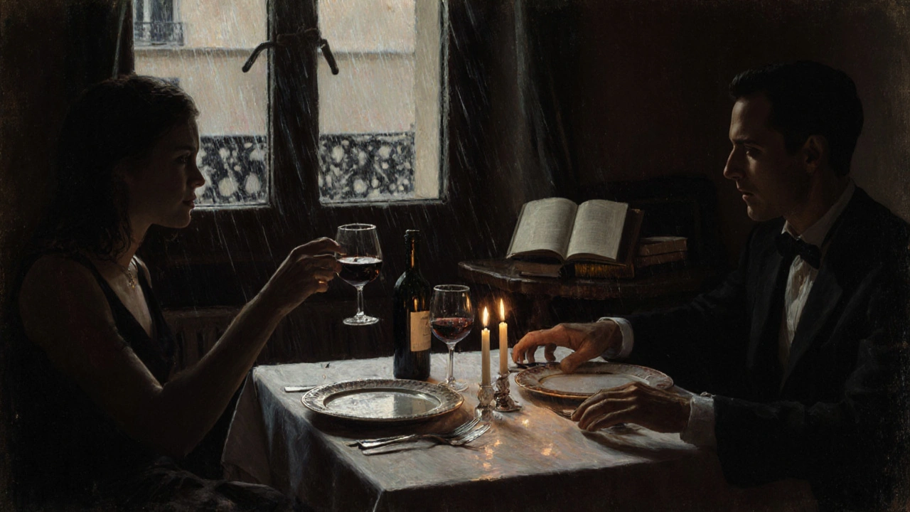 Candlelit dinner in a private Parisian apartment, books and wine creating an intimate mood.