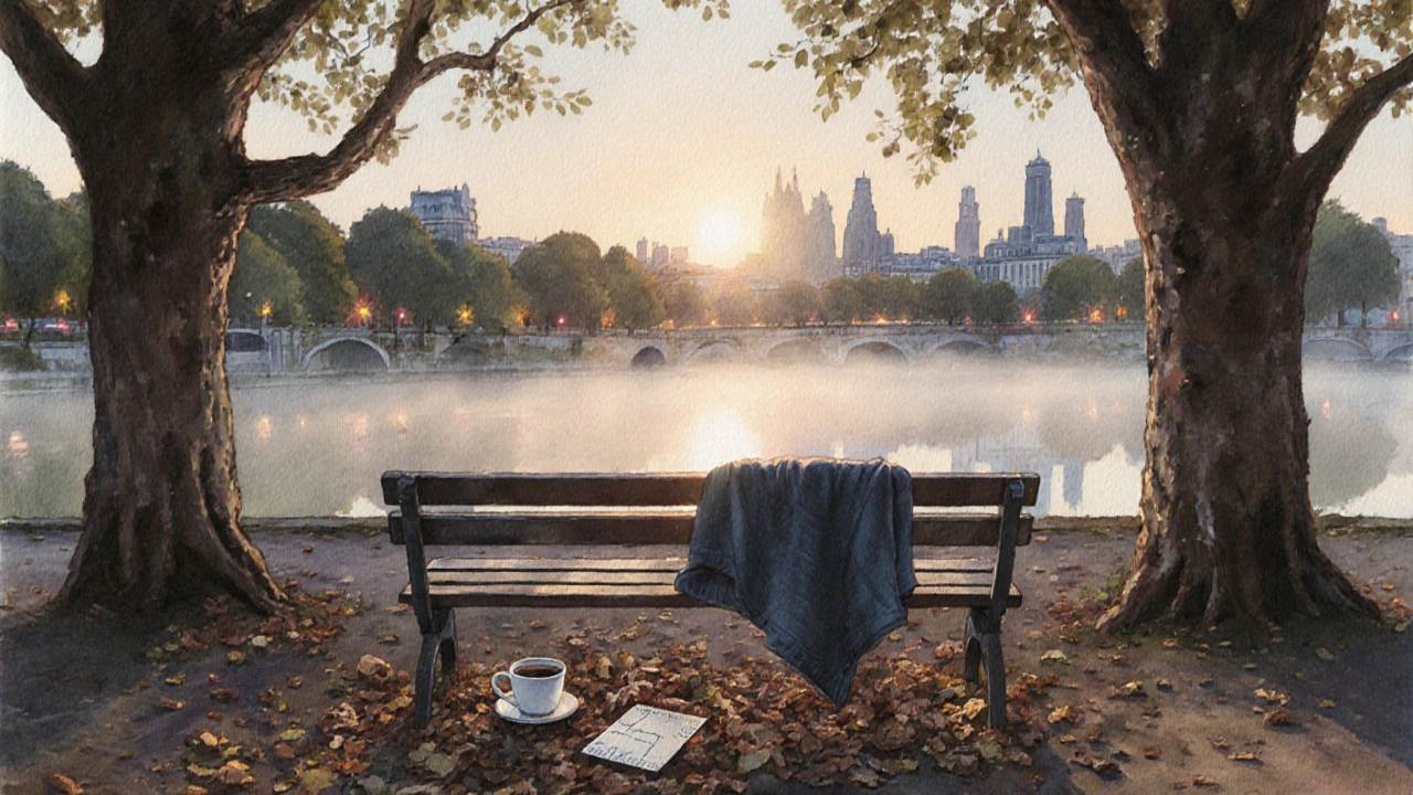 Dawn bench in Buttes-Chaumont park with blanket, coffee cup, and falling leaves.