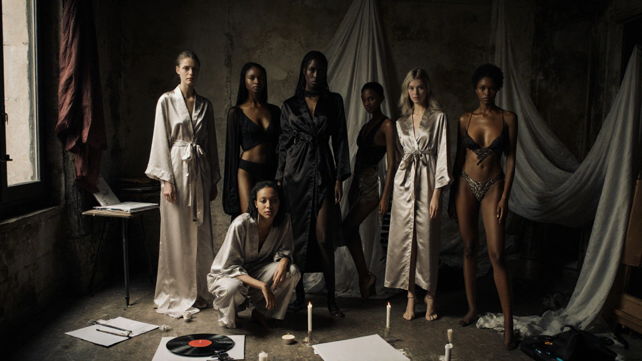Diverse models pose for an artistic fashion shoot in a Paris atelier with silk robes and draped fabrics.