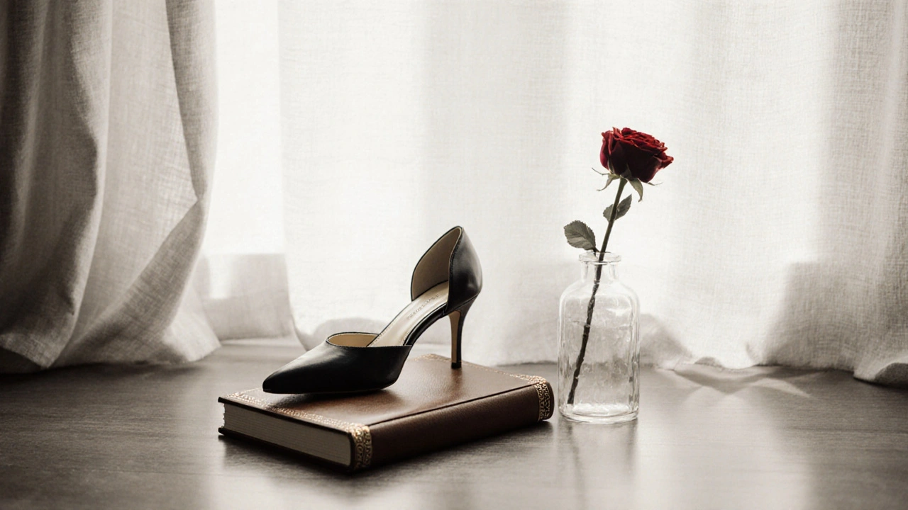 Elegant heels and a journal beside a rose in a vase, symbolizing thoughtful companionship.