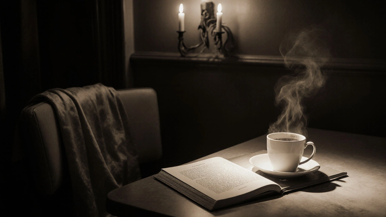 Empty café table with steaming coffee, open book, and silk scarf, candlelight glowing in the dim evening.