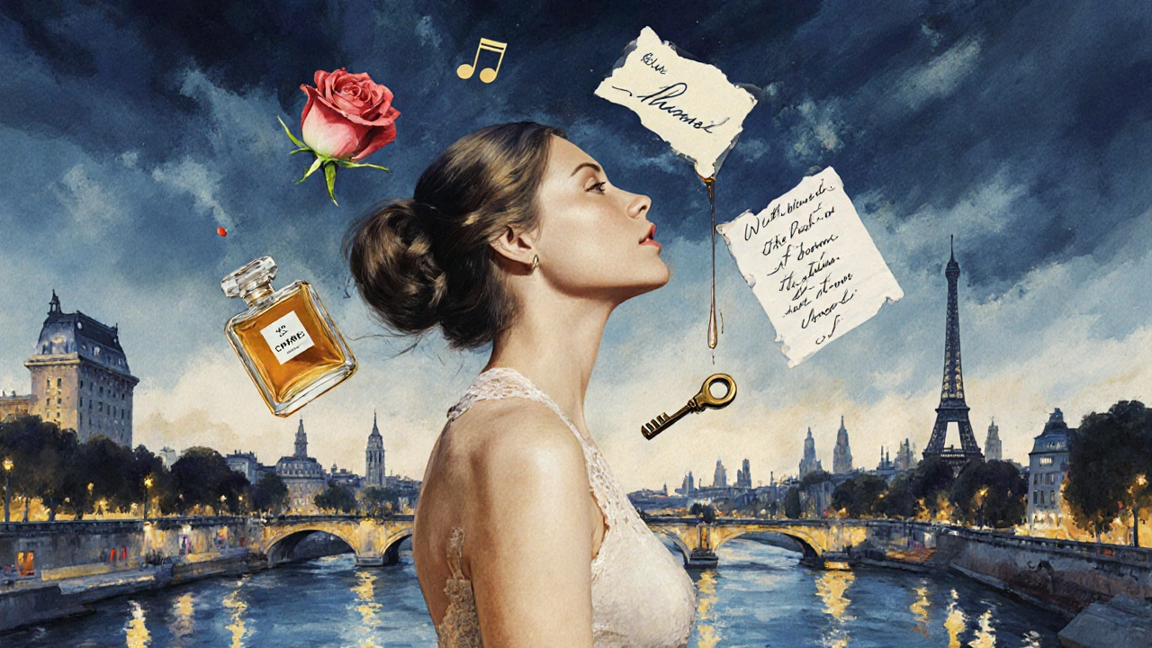 Floating elements like a rose, music note, and perfume bottle drift through a twilight Paris skyline.