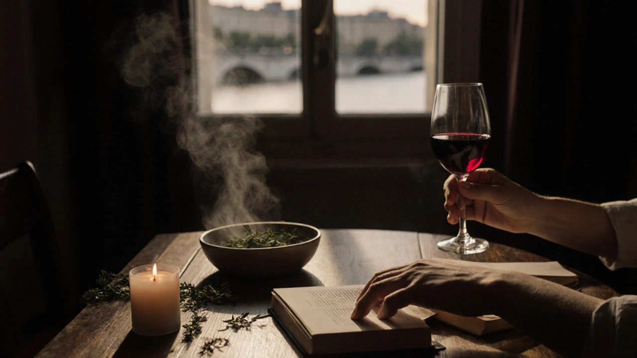 Hands holding a wine glass and turning a book page in a dim kitchen, candlelight reflecting on wood and ceramic.