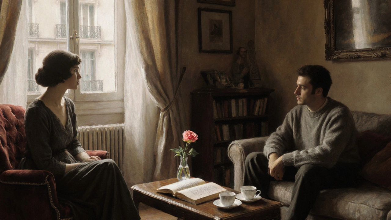 Intimate interior of a Parisian apartment with two people sitting in silent companionship near a window.