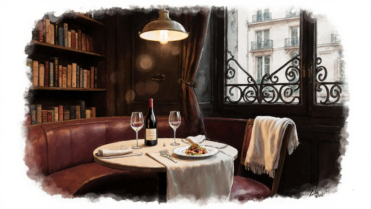 Private dinner for two in a hidden Paris bistro, Burgundy wine and fine dining under soft light, elegant yet intimate setting.
