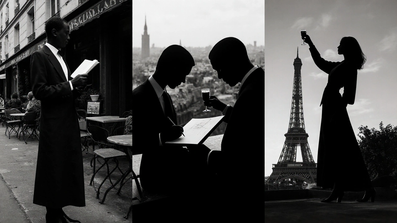 Three elegant silhouettes in different Paris neighborhoods, representing companionship through art, conversation, and views.